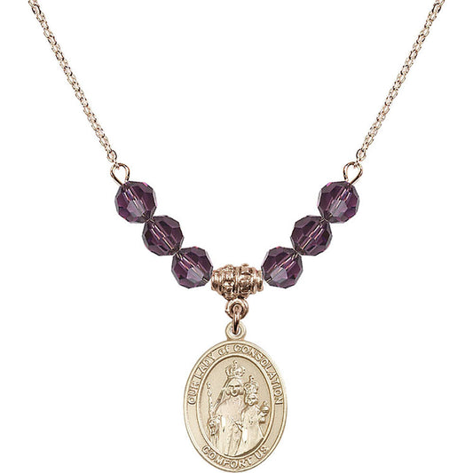14kt Gold Filled Our Lady of Consolation Birthstone Necklace with Amethyst Beads - 8292