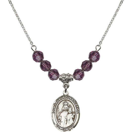 Sterling Silver Our Lady of Consolation Birthstone Necklace with Amethyst Beads - 8292