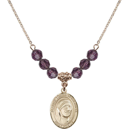 14kt Gold Filled Saint Teresa of Calcutta Birthstone Necklace with Amethyst Beads - 8295
