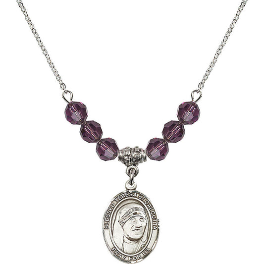 Sterling Silver Saint Teresa of Calcutta Birthstone Necklace with Amethyst Beads - 8295
