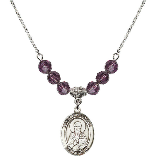 Sterling Silver Saint Athanasius Birthstone Necklace with Amethyst Beads - 8296
