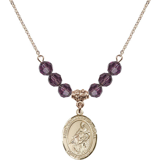 14kt Gold Filled Saint Thomas of Villanova Birthstone Necklace with Amethyst Beads - 8304