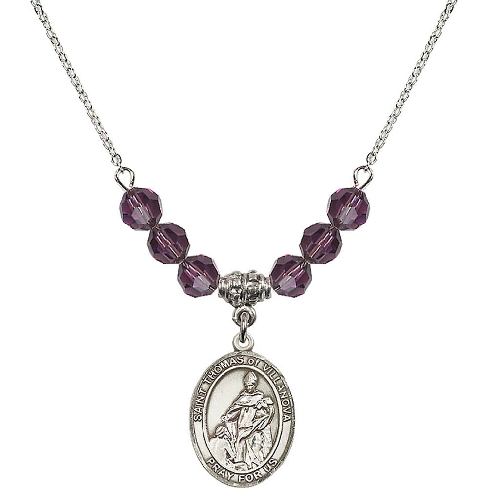 Sterling Silver Saint Thomas of Villanova Birthstone Necklace with Amethyst Beads - 8304