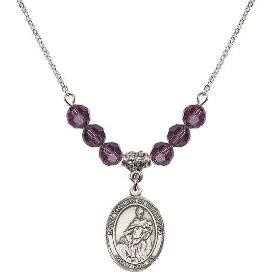 Sterling Silver Saint Thomas of Villanova Birthstone Necklace with Amethyst Beads - 8304