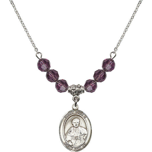 Sterling Silver Saint Pius X Birthstone Necklace with Amethyst Beads - 8305