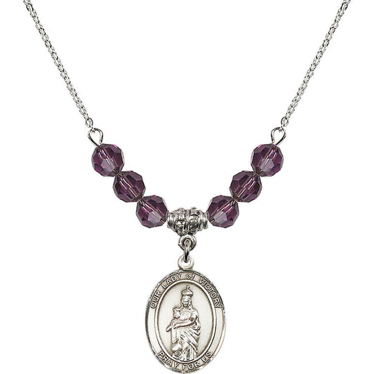 Sterling Silver Our Lady of Victory Birthstone Necklace with Amethyst Beads - 8306