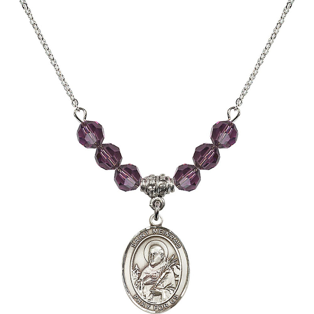 Sterling Silver Saint Meinrad of Einsiedeln Birthstone Necklace with Amethyst Beads - 8307