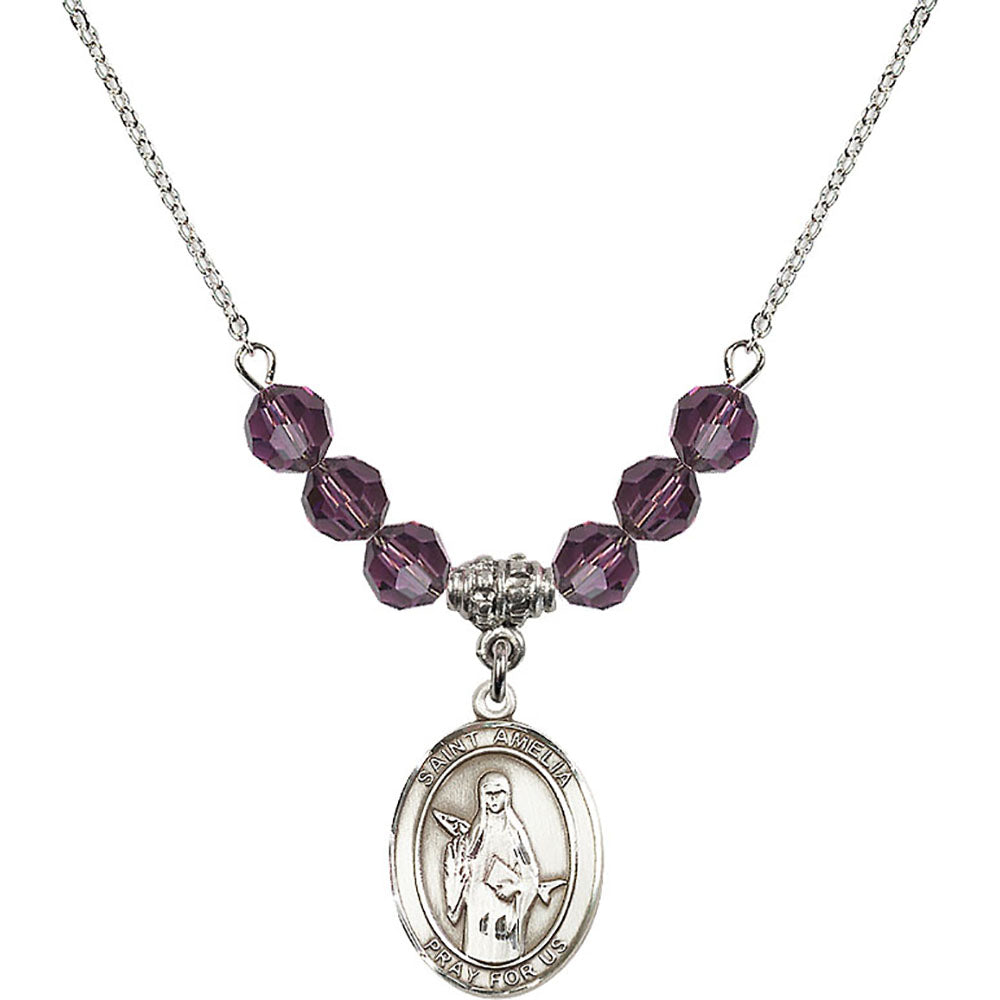 Sterling Silver Saint Amelia Birthstone Necklace with Amethyst Beads - 8313