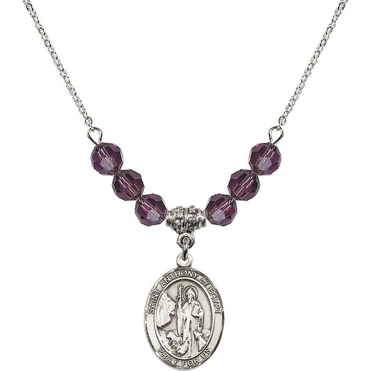 Sterling Silver Saint Anthony of Egypt Birthstone Necklace with Amethyst Beads - 8317