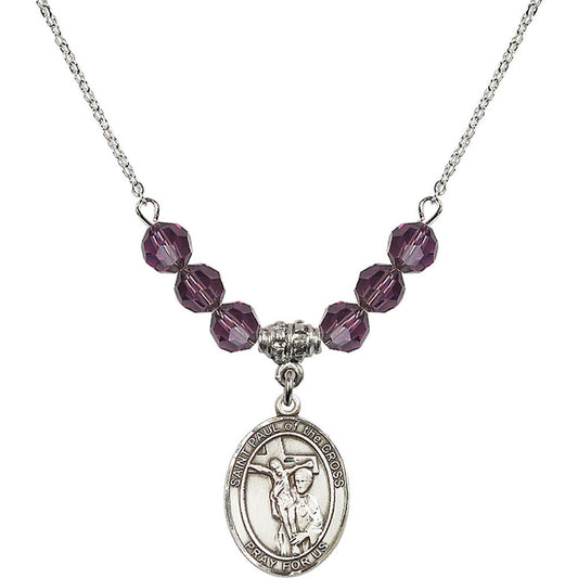 Sterling Silver Saint Paul of the Cross Birthstone Necklace with Amethyst Beads - 8318
