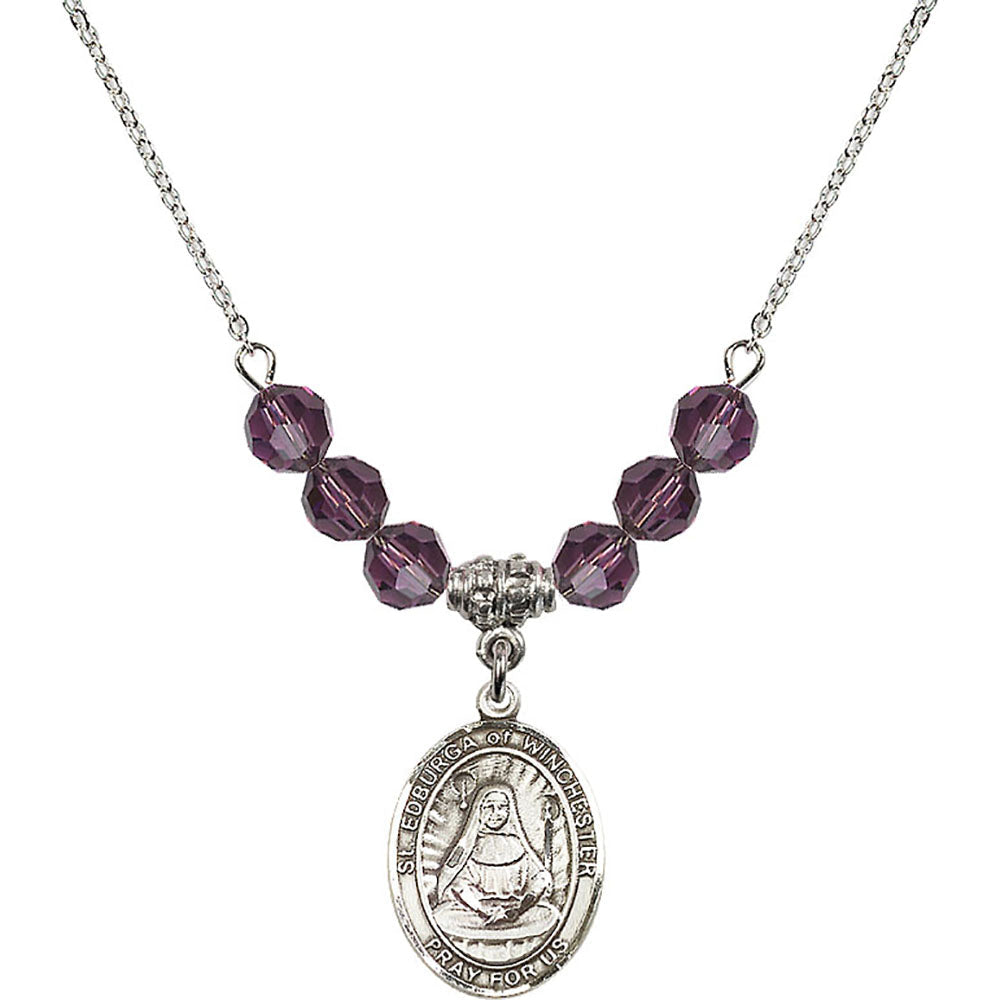 Sterling Silver Saint Edburga of Winchester Birthstone Necklace with Amethyst Beads - 8324