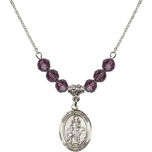 Sterling Silver Saint Cornelius Birthstone Necklace with Amethyst Beads - 8325
