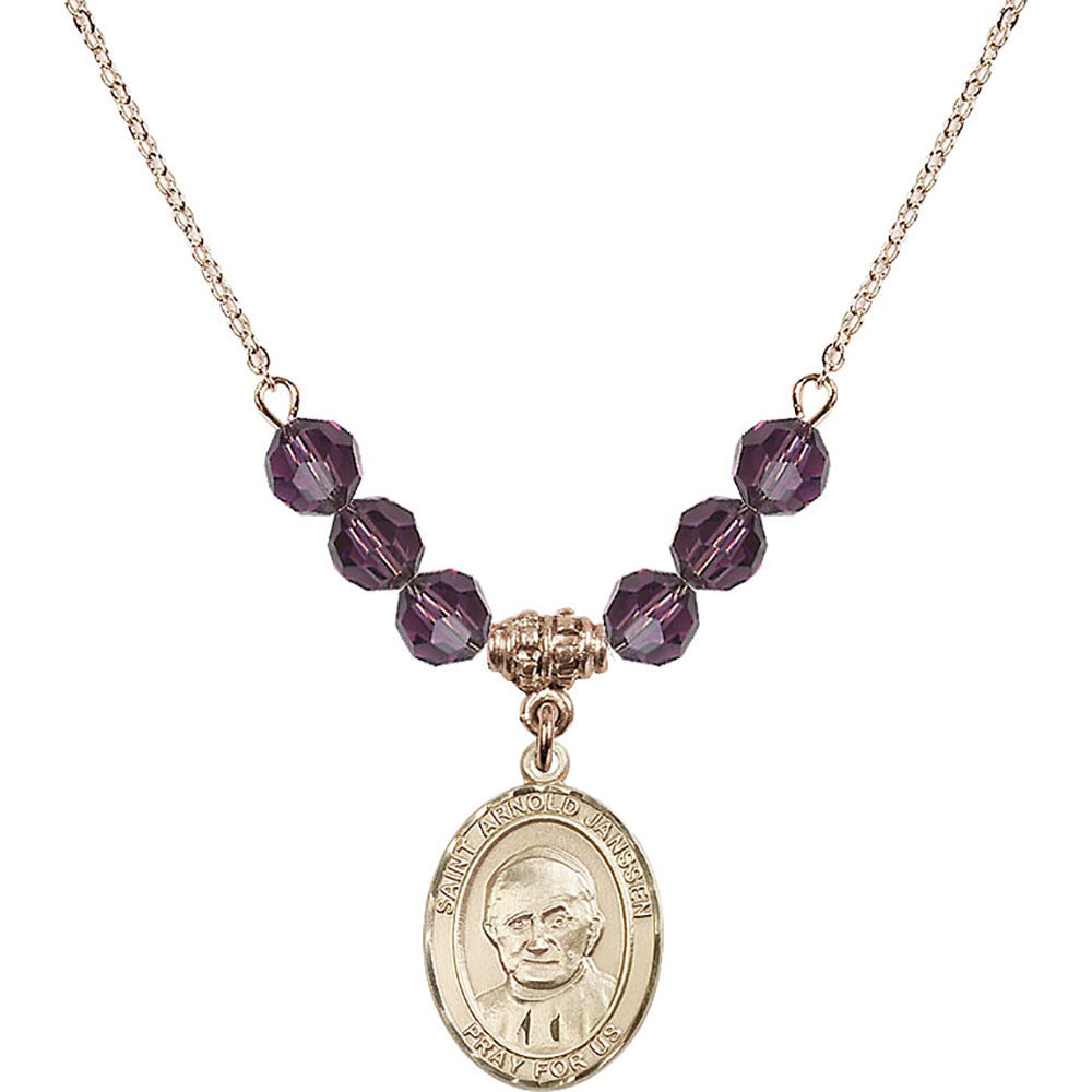 14kt Gold Filled Saint Arnold Janssen Birthstone Necklace with Amethyst Beads - 8328