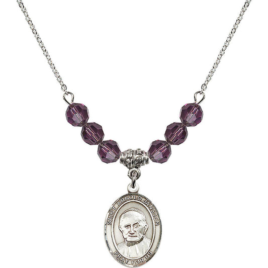 Sterling Silver Saint Arnold Janssen Birthstone Necklace with Amethyst Beads - 8328