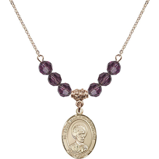 14kt Gold Filled Saint Louis Marie de Montfort Birthstone Necklace with Amethyst Beads - 8330