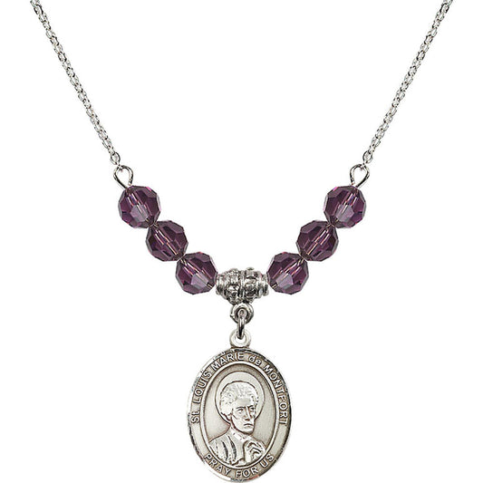 Sterling Silver Saint Louis Marie de Montfort Birthstone Necklace with Amethyst Beads - 8330