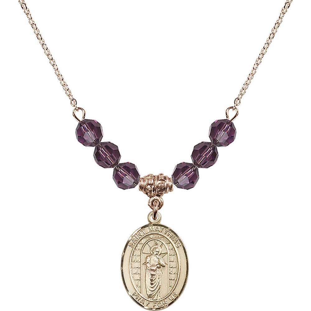 14kt Gold Filled Saint Matthias the Apostle Birthstone Necklace with Amethyst Beads - 8331