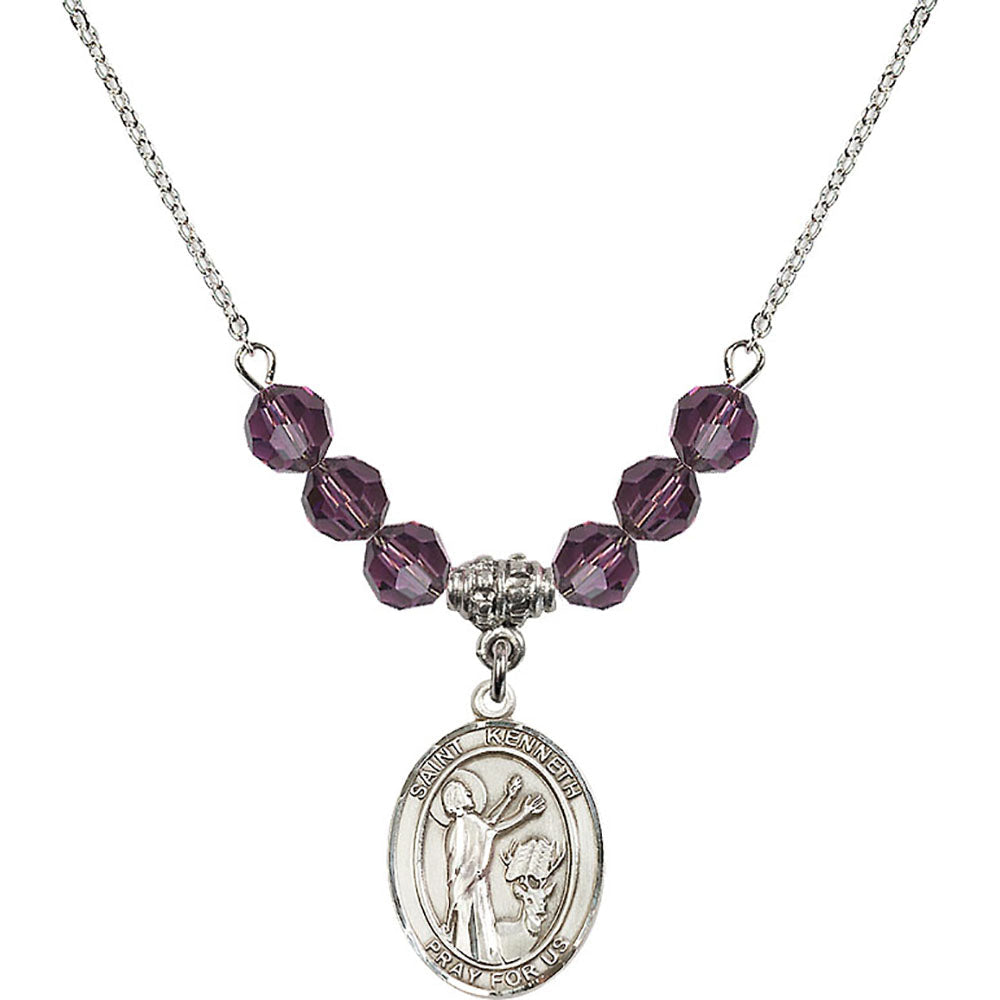 Sterling Silver Saint Kenneth Birthstone Necklace with Amethyst Beads - 8332