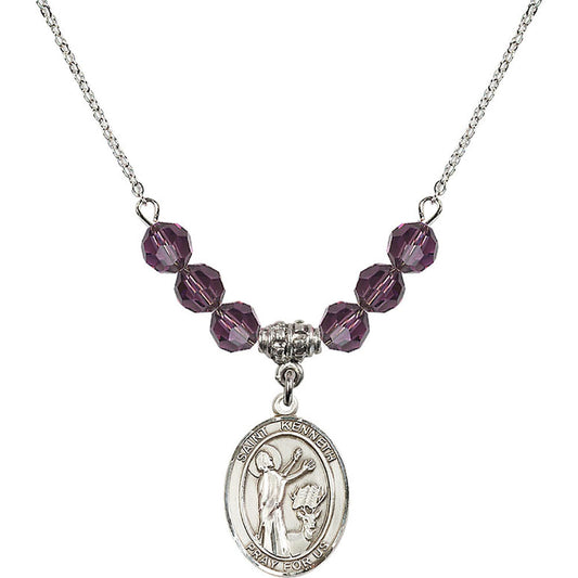 Sterling Silver Saint Kenneth Birthstone Necklace with Amethyst Beads - 8332