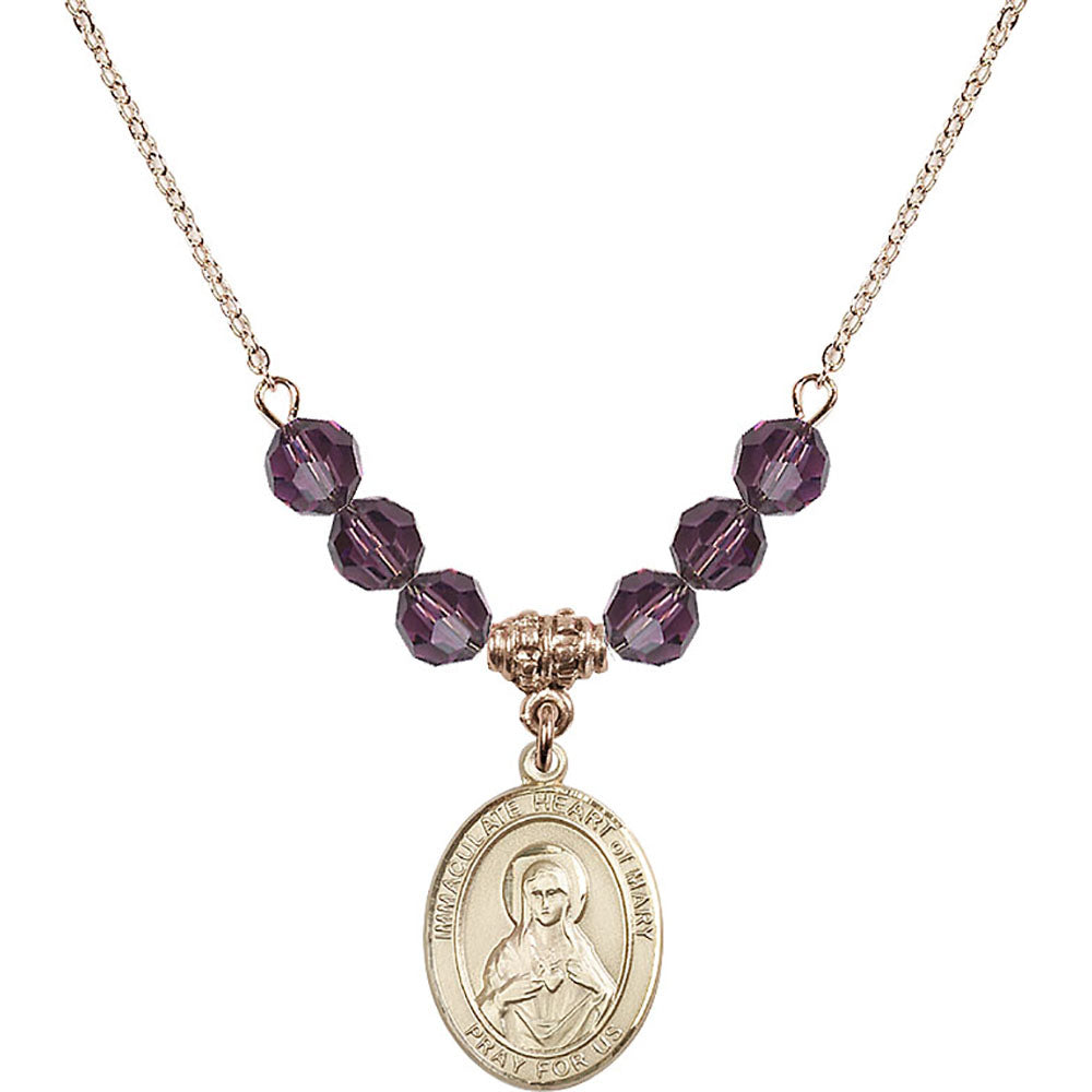 14kt Gold Filled Immaculate Heart of Mary Birthstone Necklace with Amethyst Beads - 8337