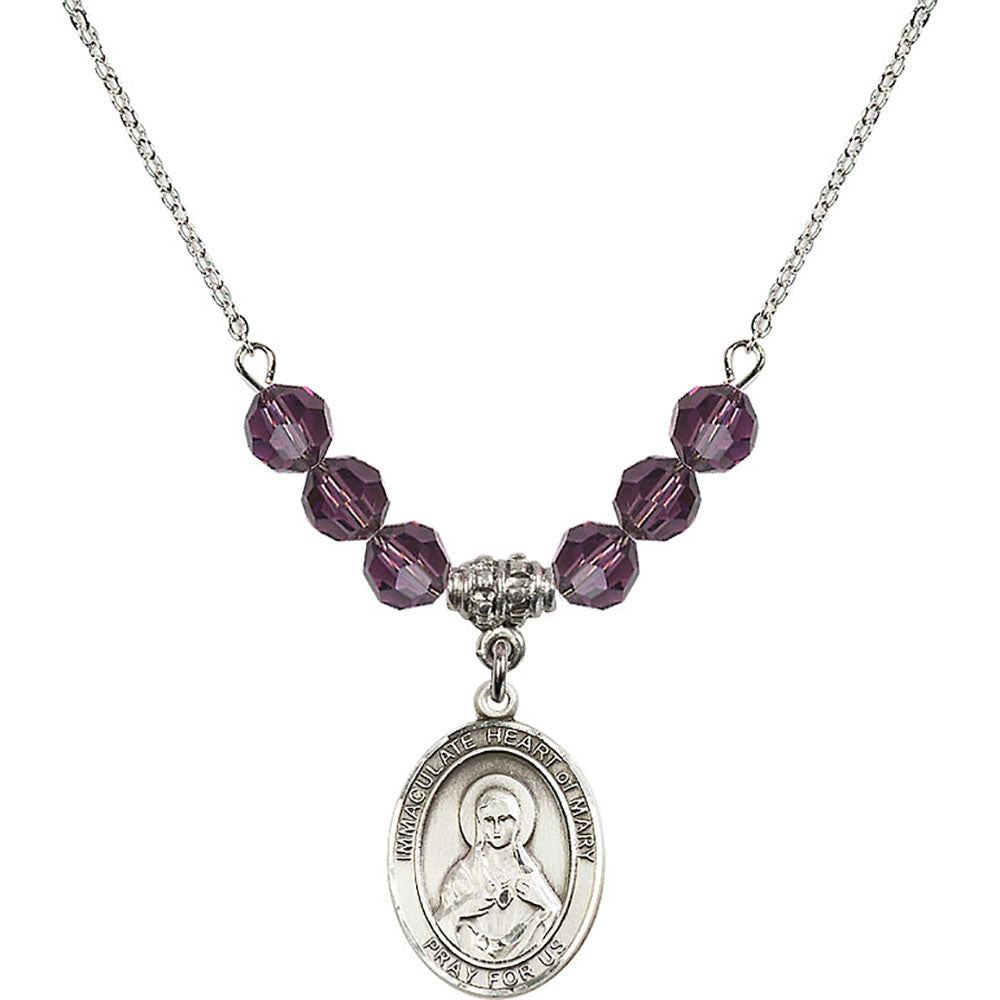 Sterling Silver Immaculate Heart of Mary Birthstone Necklace with Amethyst Beads - 8337
