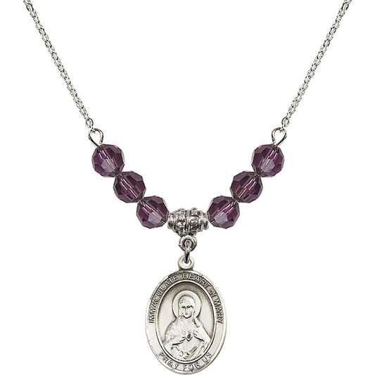 Sterling Silver Immaculate Heart of Mary Birthstone Necklace with Amethyst Beads - 8337