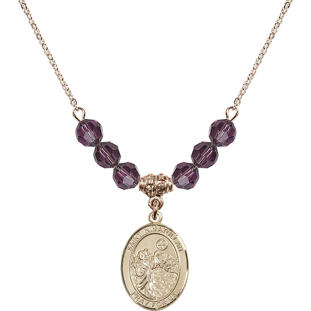 14kt Gold Filled Saint Nimatullah Birthstone Necklace with Amethyst Beads - 8339