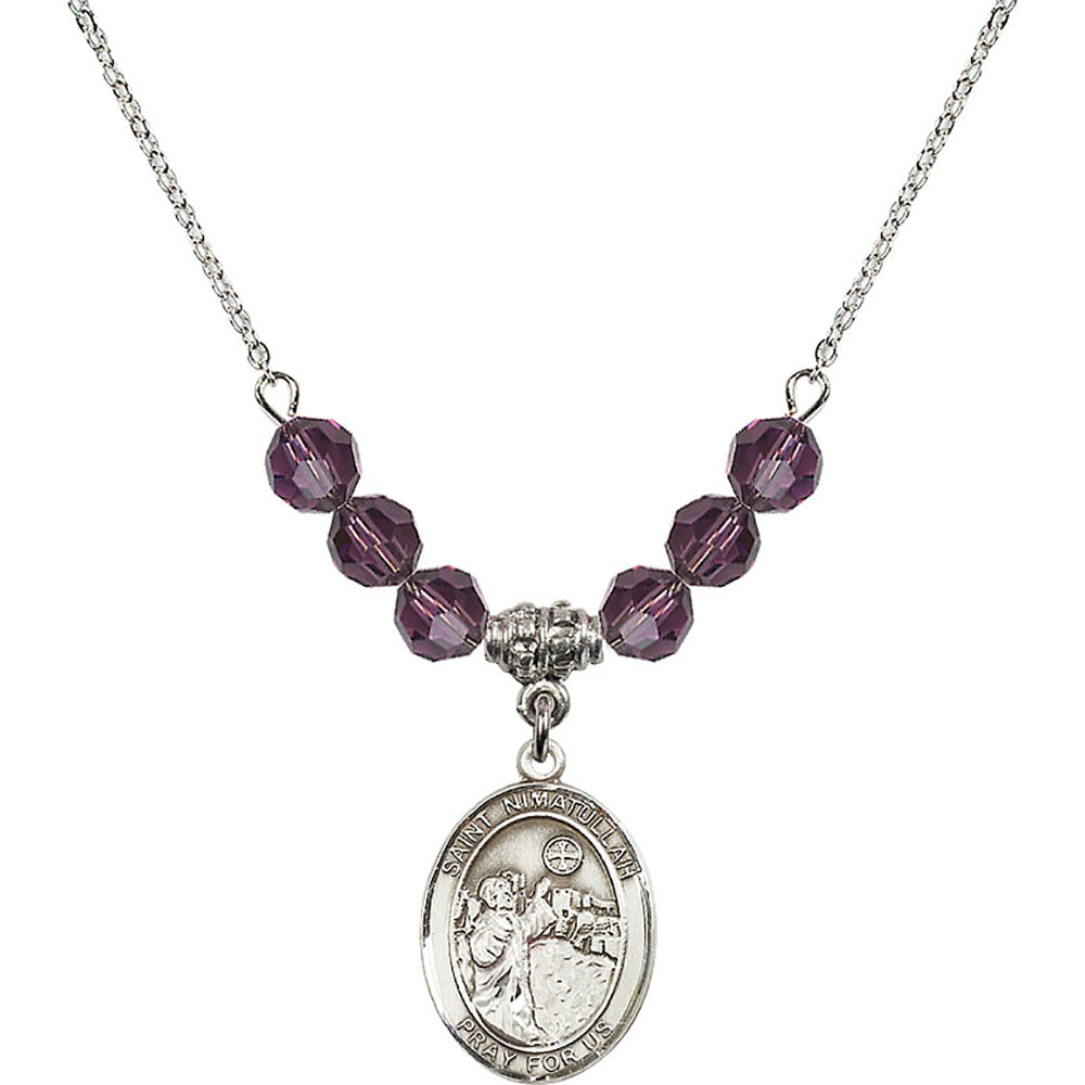 Sterling Silver Saint Nimatullah Birthstone Necklace with Amethyst Beads - 8339