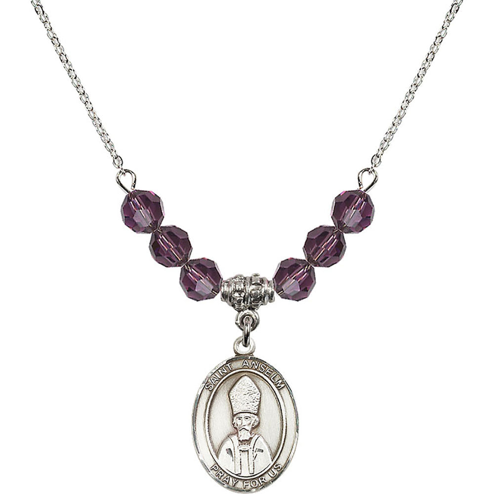 Sterling Silver Saint Anselm of Canterbury Birthstone Necklace with Amethyst Beads - 8342