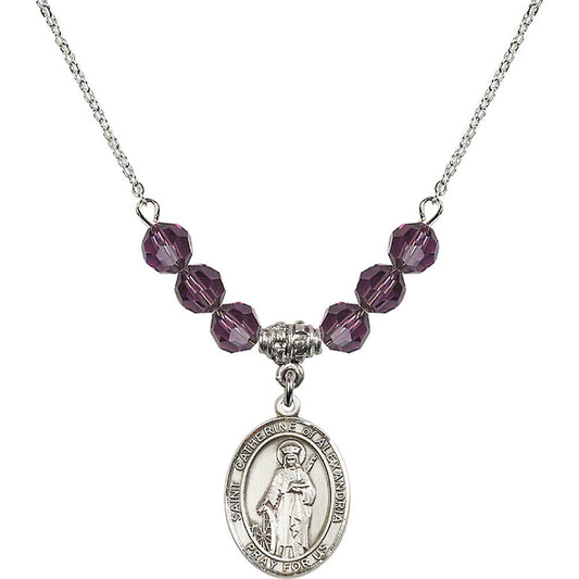 Sterling Silver Saint Catherine of Alexandria Birthstone Necklace with Amethyst Beads - 8343