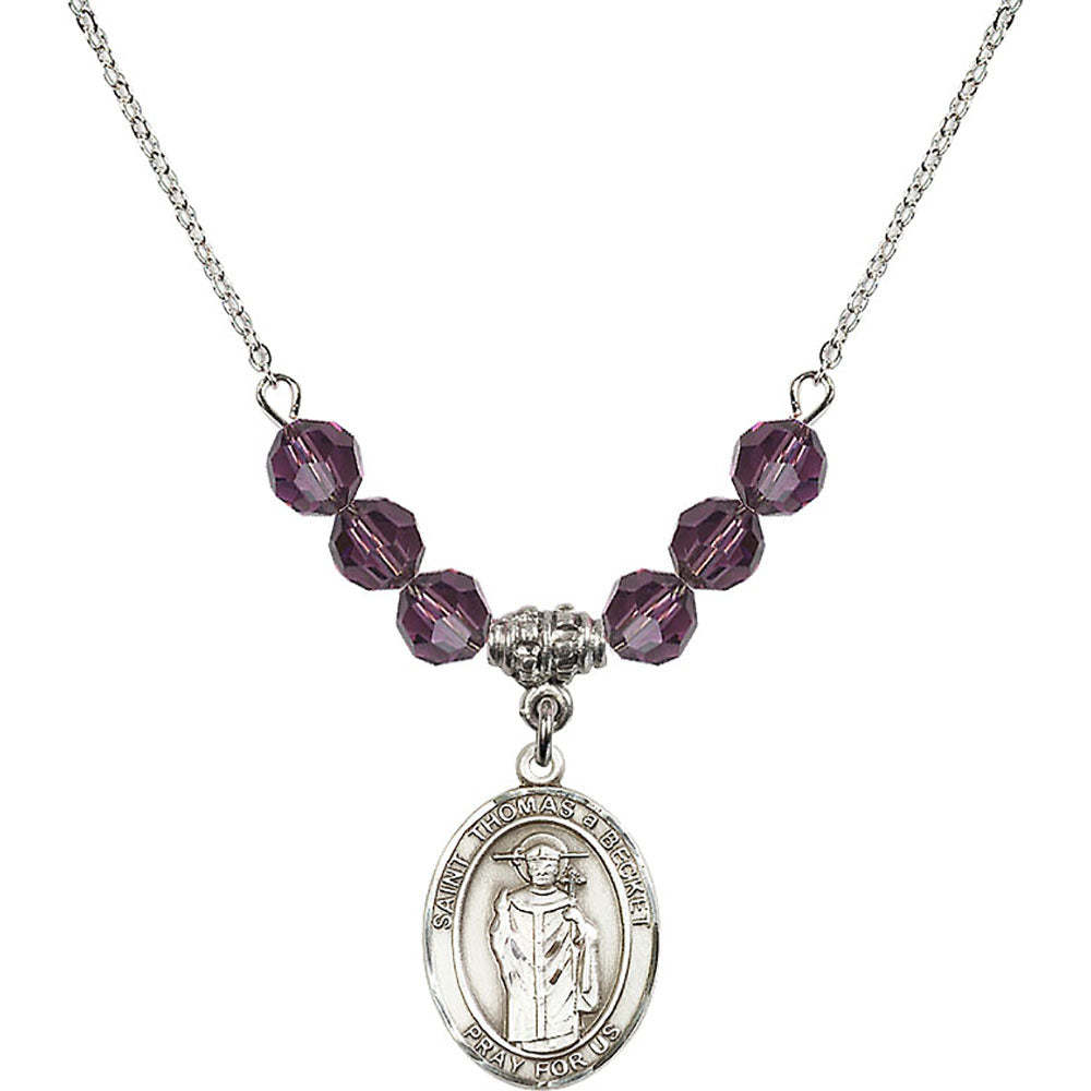 Sterling Silver Saint Thomas A Becket Birthstone Necklace with Amethyst Beads - 8344