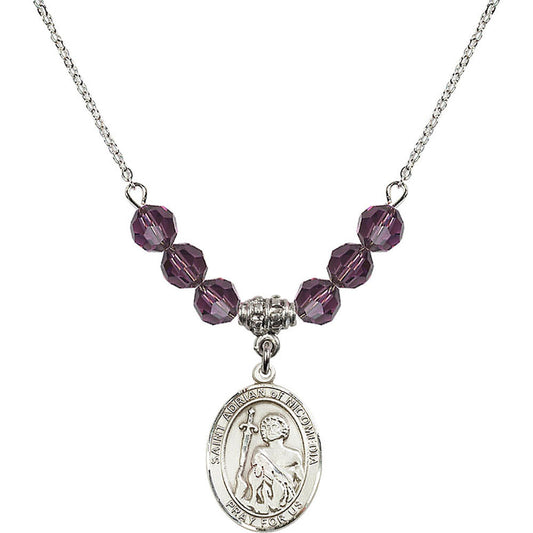 Sterling Silver Saint Adrian of Nicomedia Birthstone Necklace with Amethyst Beads - 8353