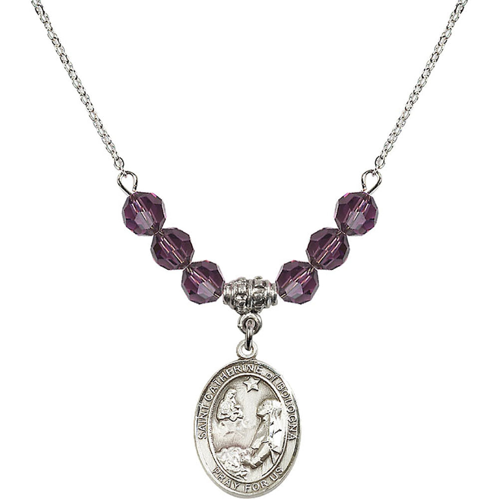 Sterling Silver Saint Catherine of Bologna Birthstone Necklace with Amethyst Beads - 8354