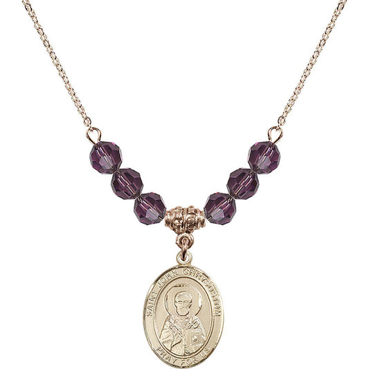 14kt Gold Filled Saint John Chrysostom Birthstone Necklace with Amethyst Beads - 8357