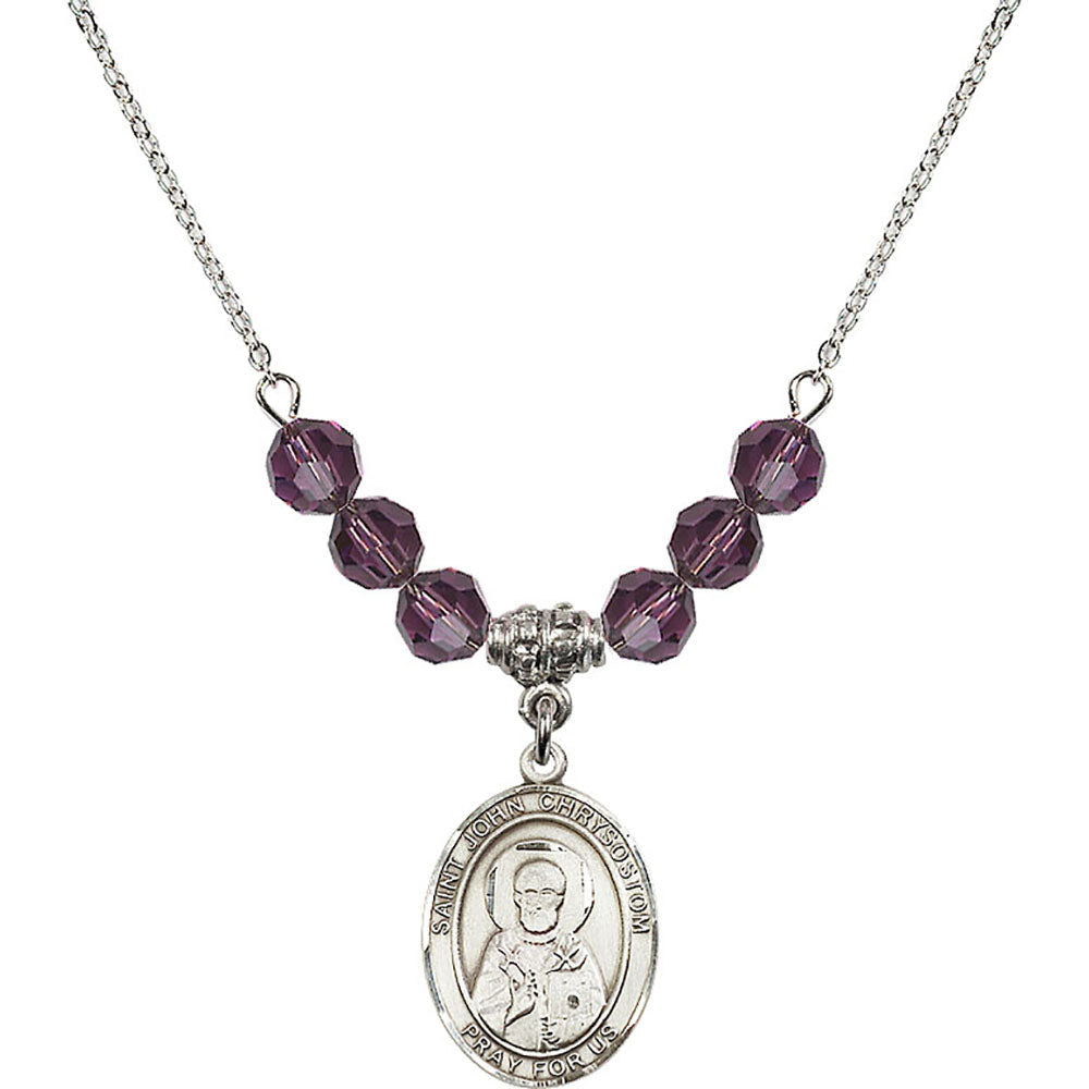 Sterling Silver Saint John Chrysostom Birthstone Necklace with Amethyst Beads - 8357