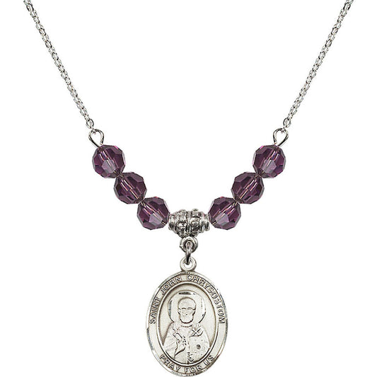 Sterling Silver Saint John Chrysostom Birthstone Necklace with Amethyst Beads - 8357
