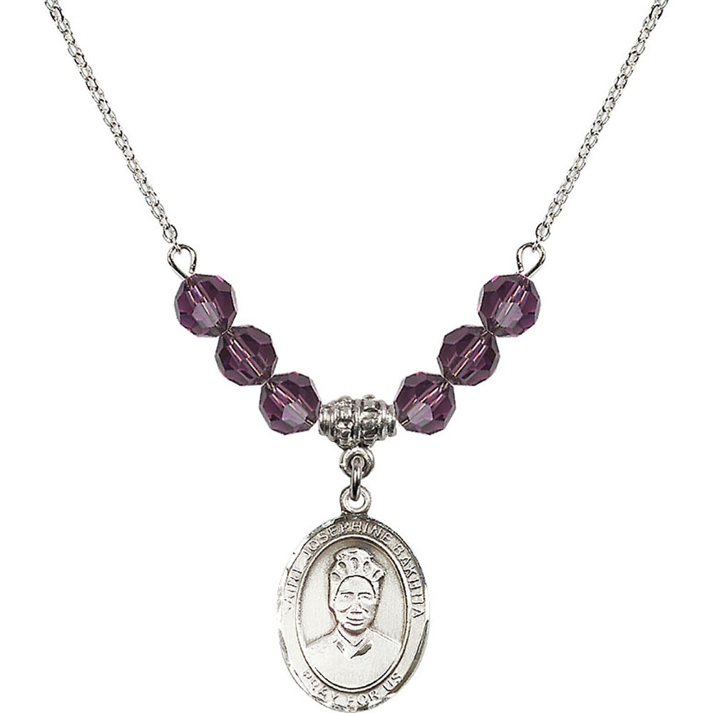 Sterling Silver Saint Josephine Bakhita Birthstone Necklace with Amethyst Beads - 8360