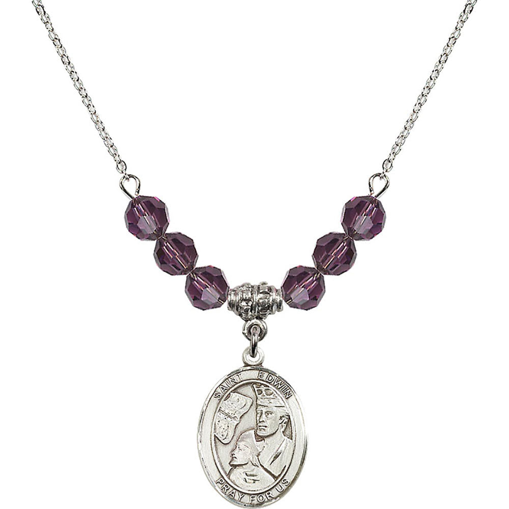 Sterling Silver Saint Edwin Birthstone Necklace with Amethyst Beads - 8361