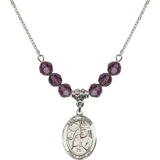 Sterling Silver Saint Edwin Birthstone Necklace with Amethyst Beads - 8361