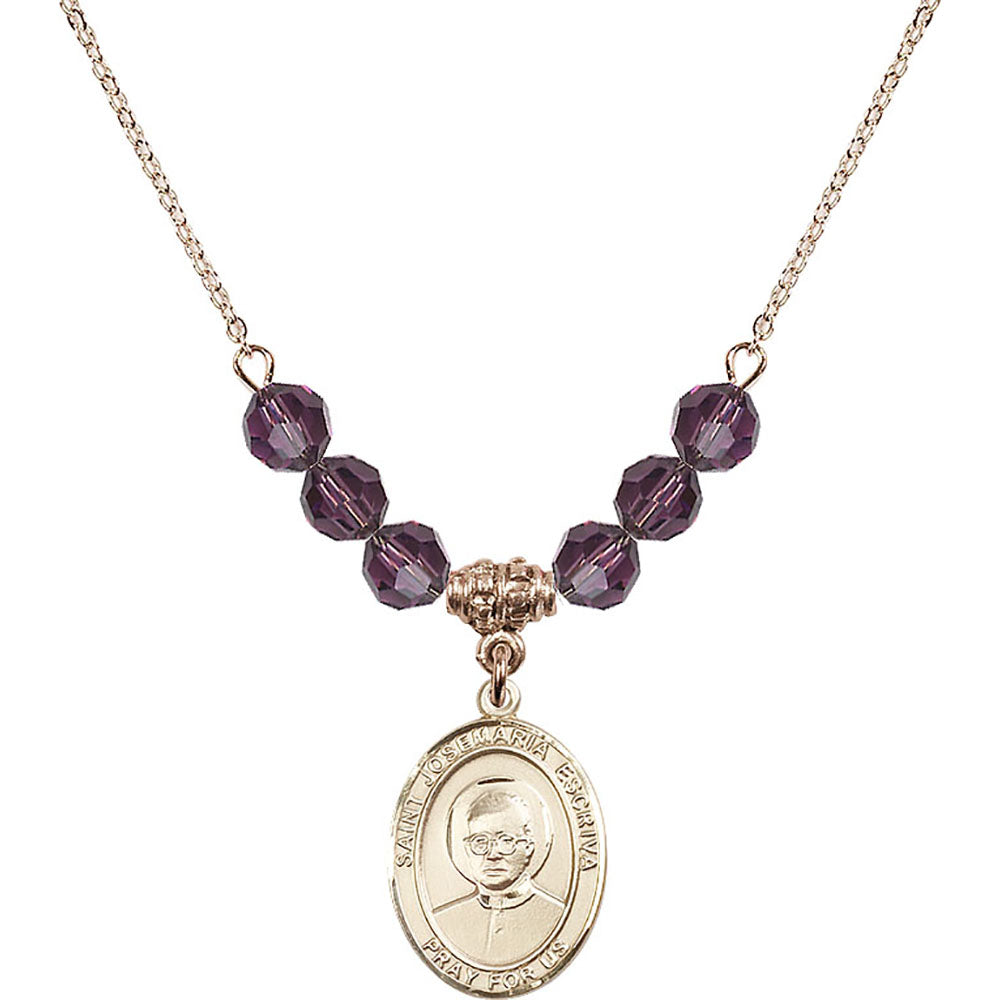 14kt Gold Filled Saint Josemaria Escriva Birthstone Necklace with Amethyst Beads - 8362