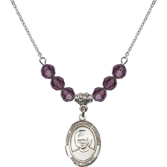 Sterling Silver Saint Josemaria Escriva Birthstone Necklace with Amethyst Beads - 8362