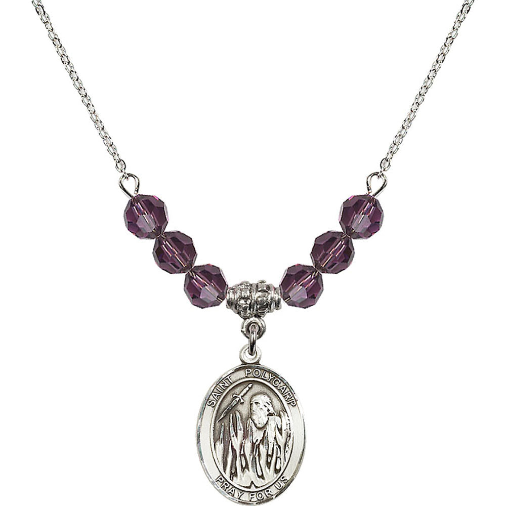 Sterling Silver Saint Polycarp of Smyrna Birthstone Necklace with Amethyst Beads - 8363
