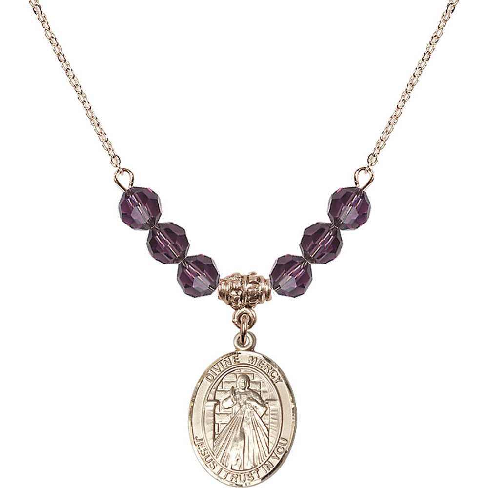 14kt Gold Filled Divine Mercy Birthstone Necklace with Amethyst Beads - 8366