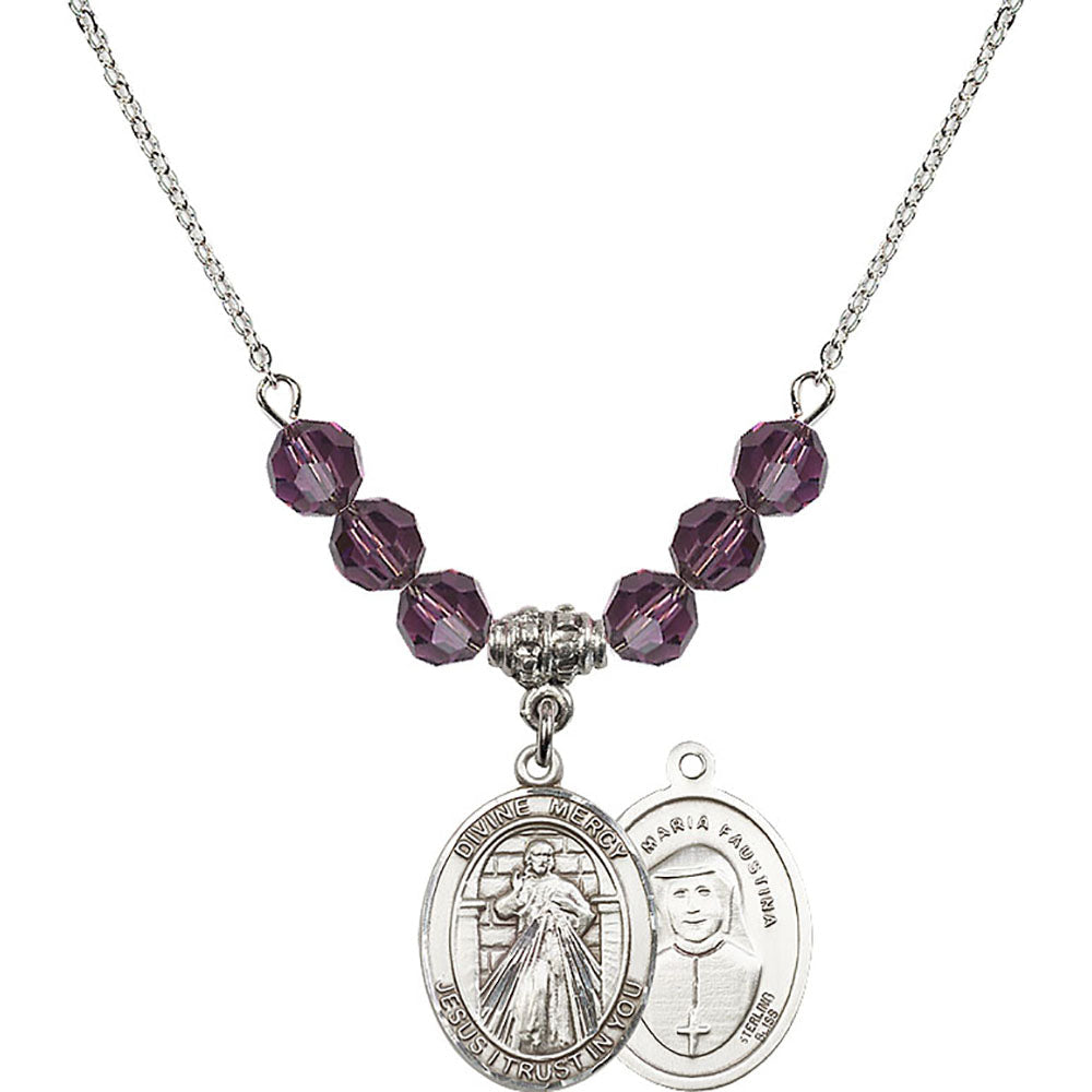 Sterling Silver Divine Mercy Birthstone Necklace with Amethyst Beads - 8366