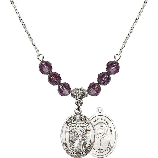 Sterling Silver Divine Mercy Birthstone Necklace with Amethyst Beads - 8366