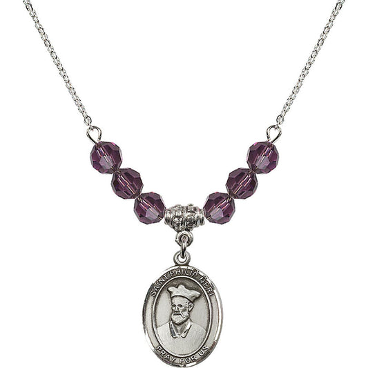 Sterling Silver Saint Philip Neri Birthstone Necklace with Amethyst Beads - 8369