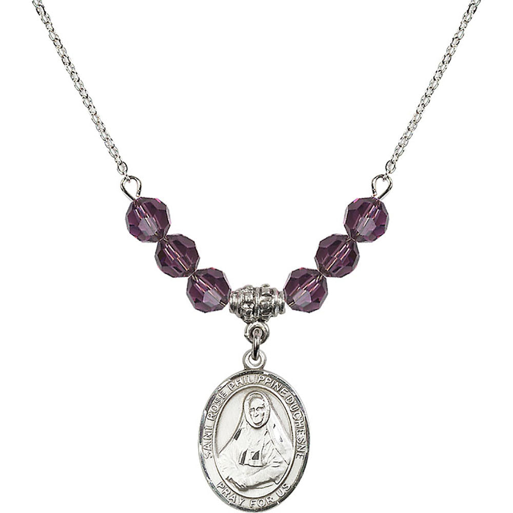 Sterling Silver Saint Rose Philippine Duchesne Birthstone Necklace with Amethyst Beads - 8371