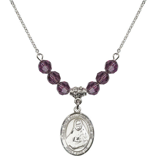 Sterling Silver Saint Rose Philippine Duchesne Birthstone Necklace with Amethyst Beads - 8371