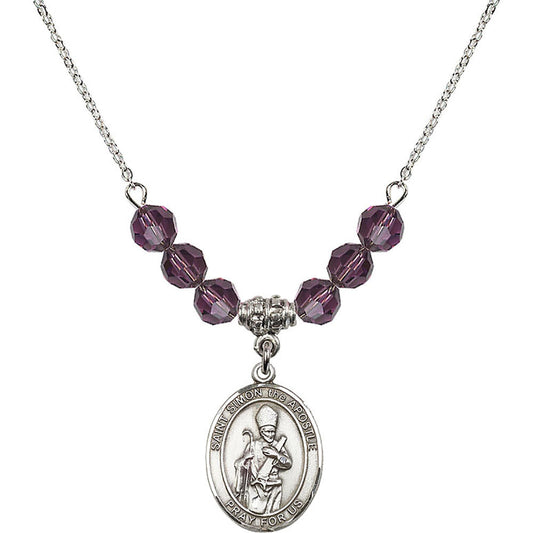 Sterling Silver Saint Simon the Apostle Birthstone Necklace with Amethyst Beads - 8375