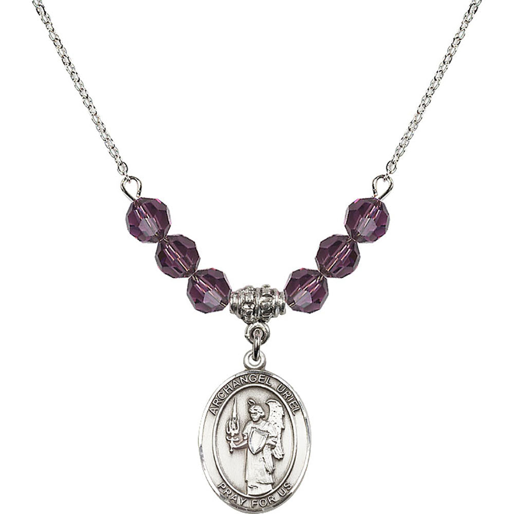 Sterling Silver Saint Uriel the Archangel Birthstone Necklace with Amethyst Beads - 8378